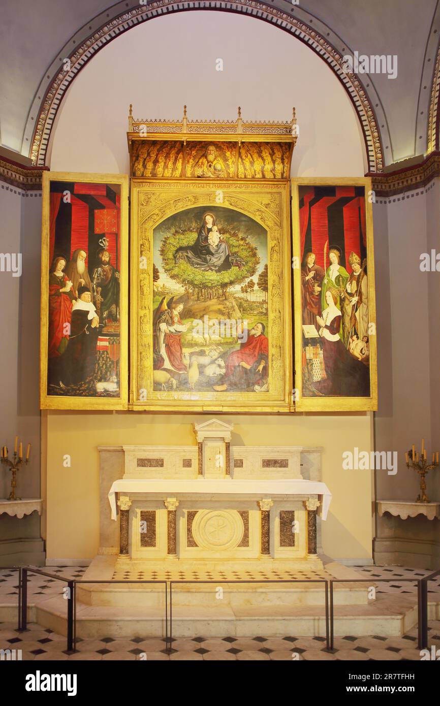 Altare maggiore con la pittura il Bush Burning del pittore Nicolas Froment nella Cattedrale di St-Sauveur, Saint, biblico, scena, religioso, Aix-en-Provence Foto Stock