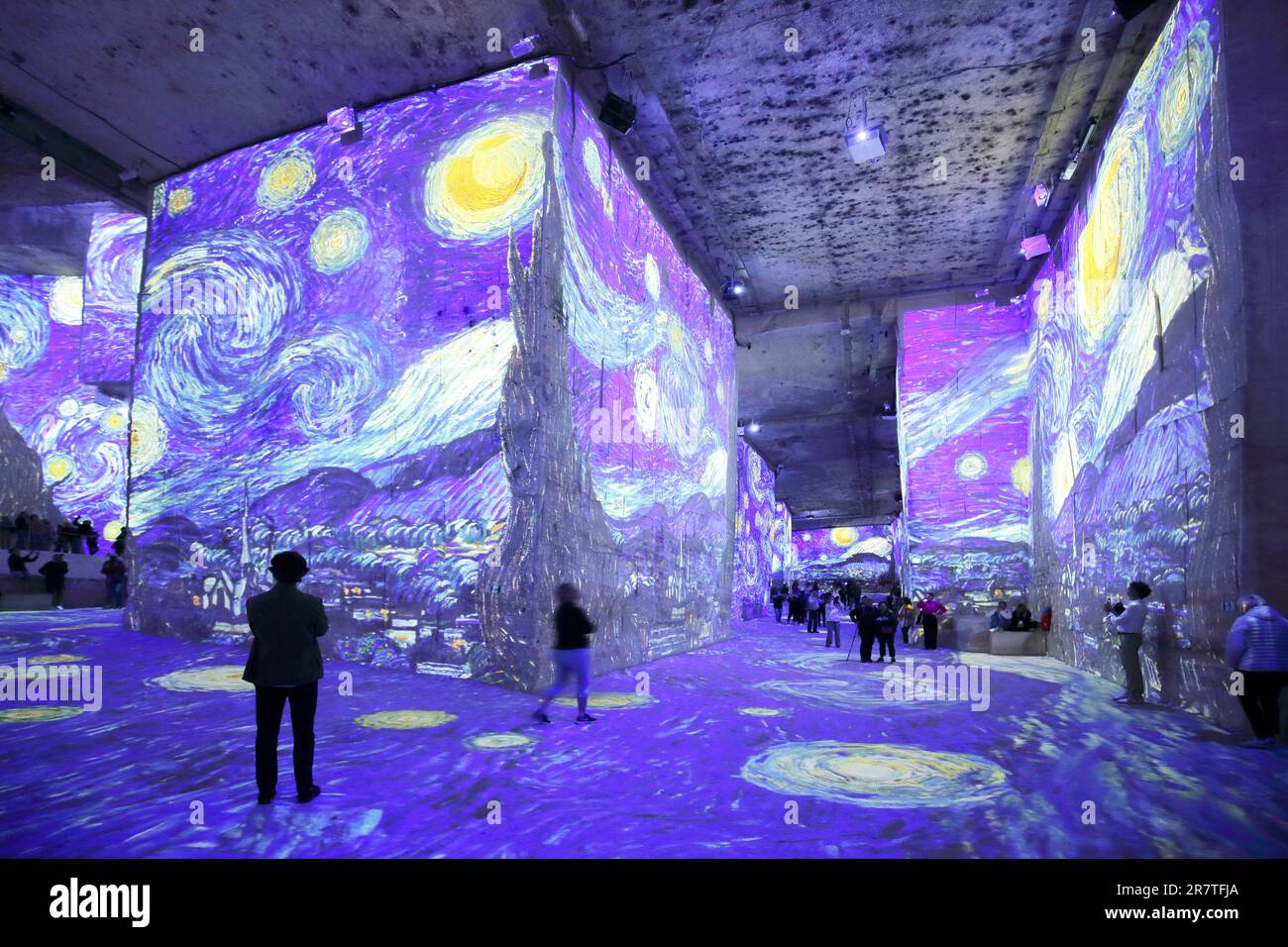 Carrieres des Lumieres con spettacolo Vermeer a Van Gogh, pittura, la notte stellata di Vincent van Gogh, cave, cattedrale, parete rocciosa, gente Foto Stock