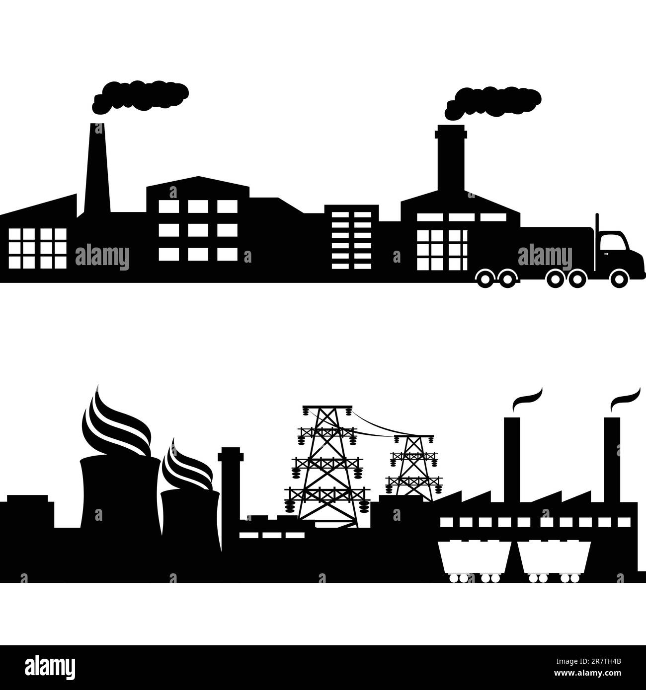 Fabbrica, centrale nucleare e linee elettriche Illustrazione Vettoriale