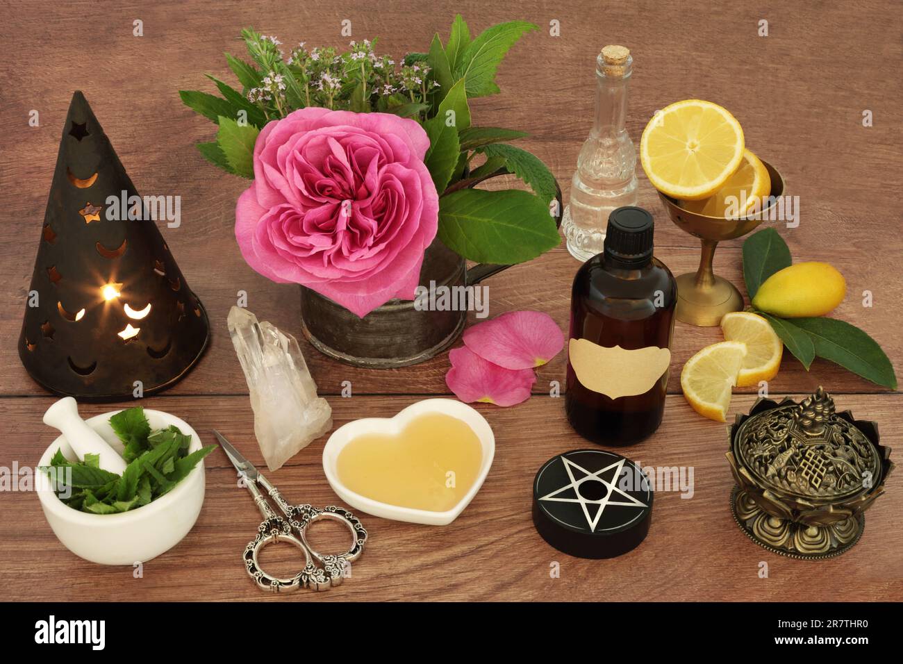 Adoro la preparazione di pozioni per un incantesimo magico con ingredienti di fiori di rosa, timo, menta, limone e miele. Divinazione occulta concetto esoterico. Foto Stock