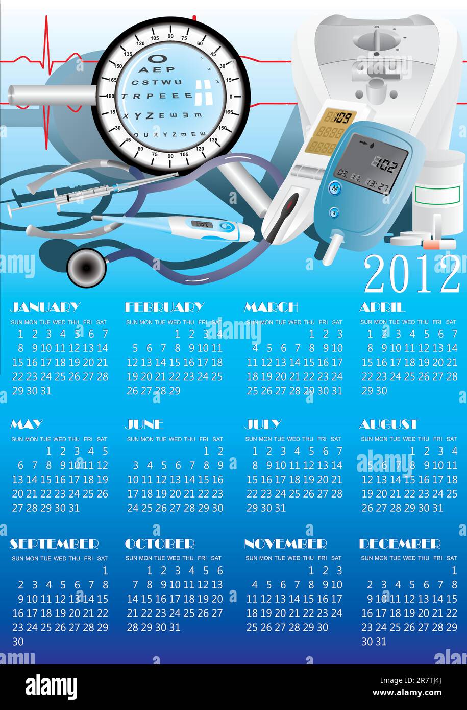 calendario con illustrazione dei vettori delle apparecchiature mediche Illustrazione Vettoriale