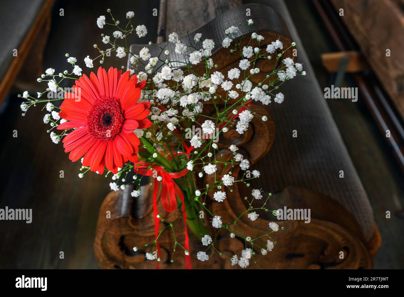 Gerbera, composito (Asteraceae) e gypsofila, decorazione floreale su torello chiesa, Allgaeu, Baviera, Germania Foto Stock