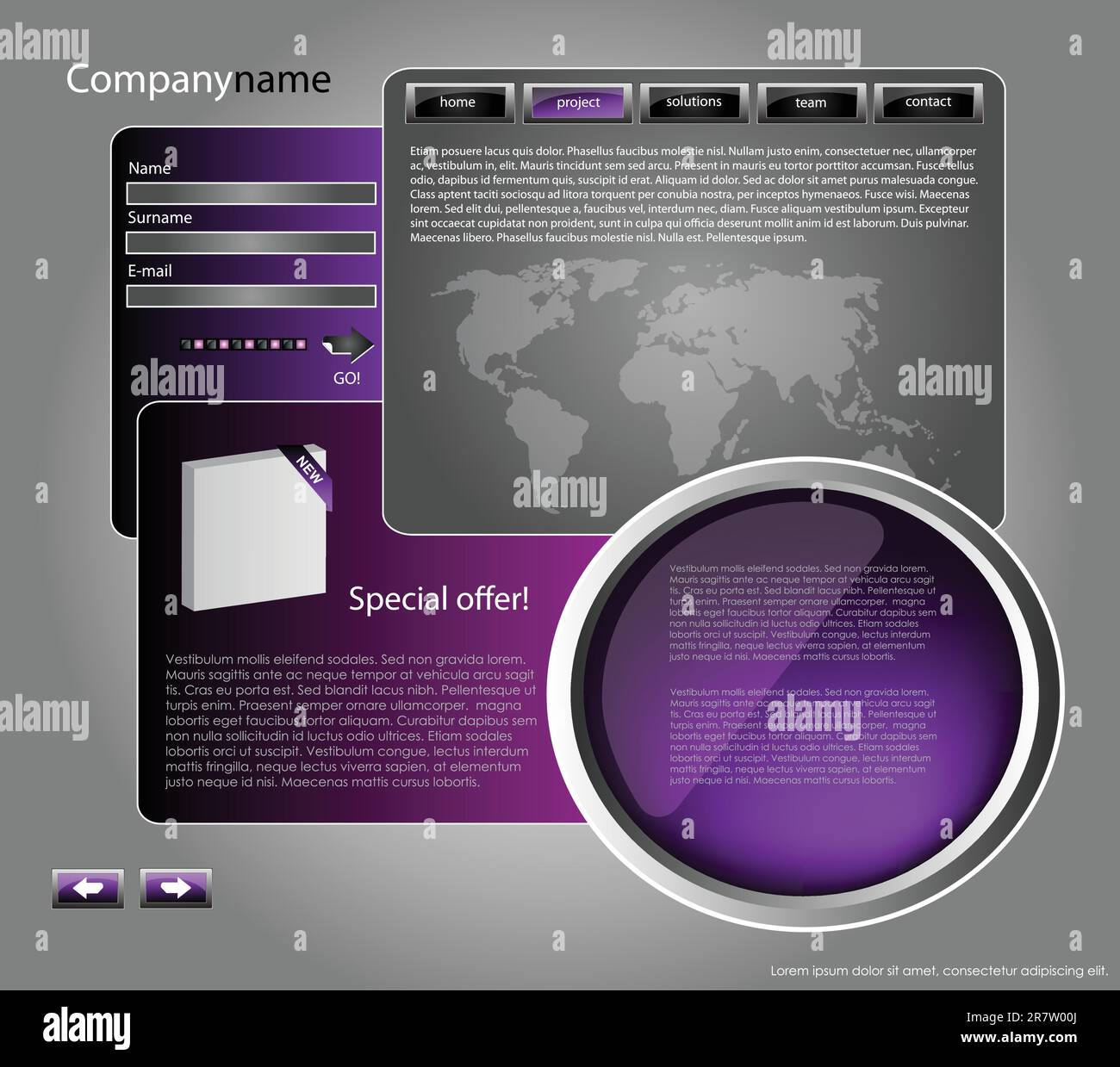modello di progettazione di siti web per aziende con sfondo viola, cornice bianca, frecce e mappa del mondo Illustrazione Vettoriale