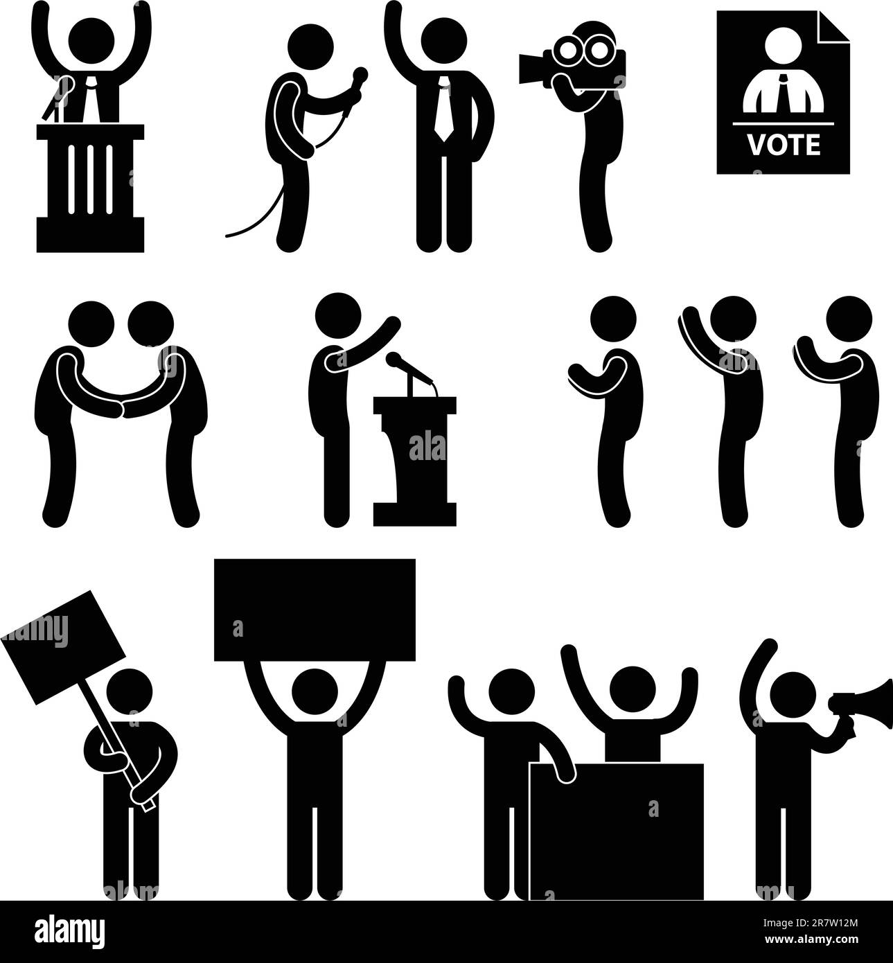 Una serie di pittogrammi che rappresentano politici, reporter, sostenitori, governo, cittadini, e i manifestanti. Illustrazione Vettoriale