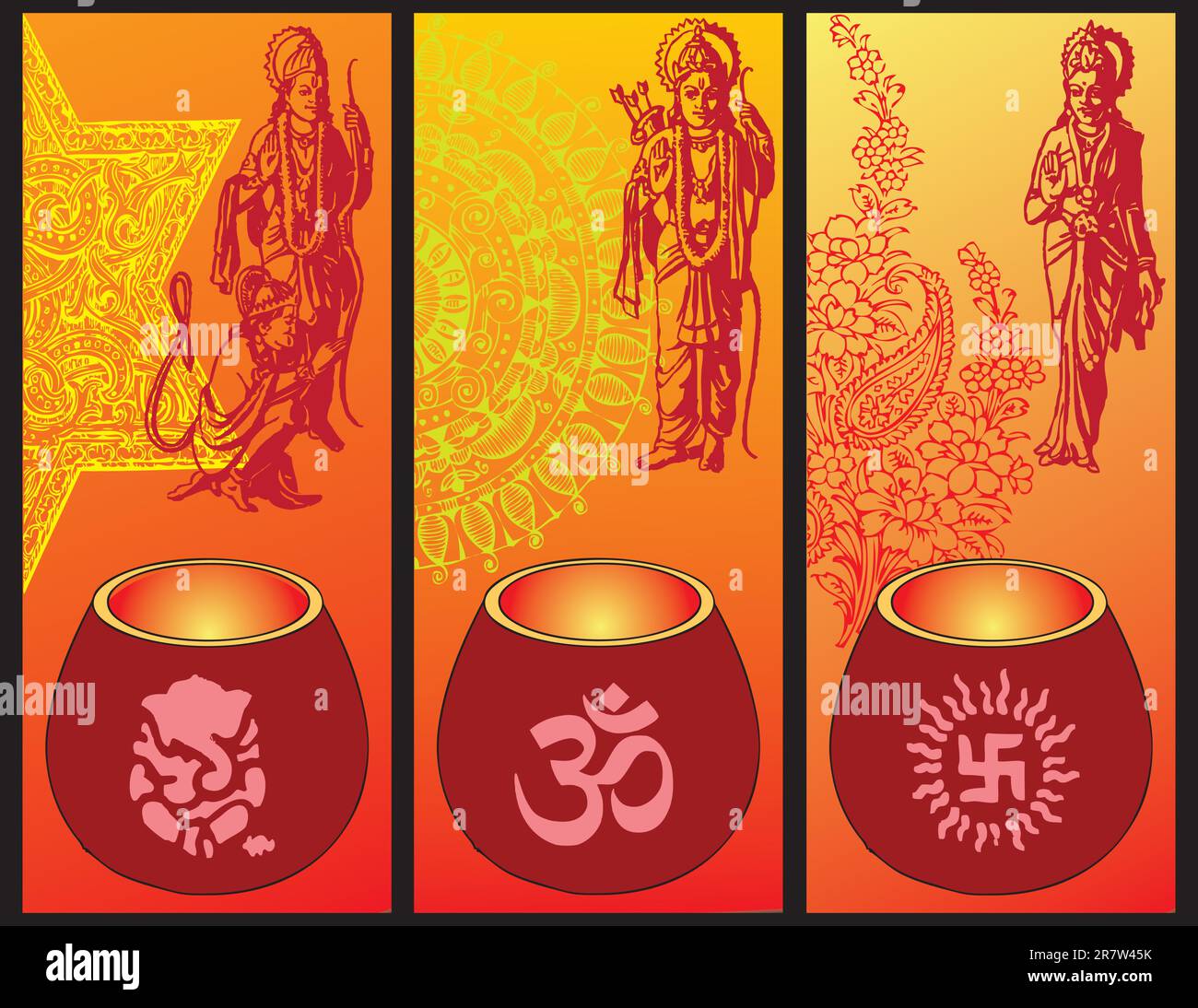 Illustrazione su Diwali con lampade e simboli della cultura e della religione dell'India. Illustrazione Vettoriale