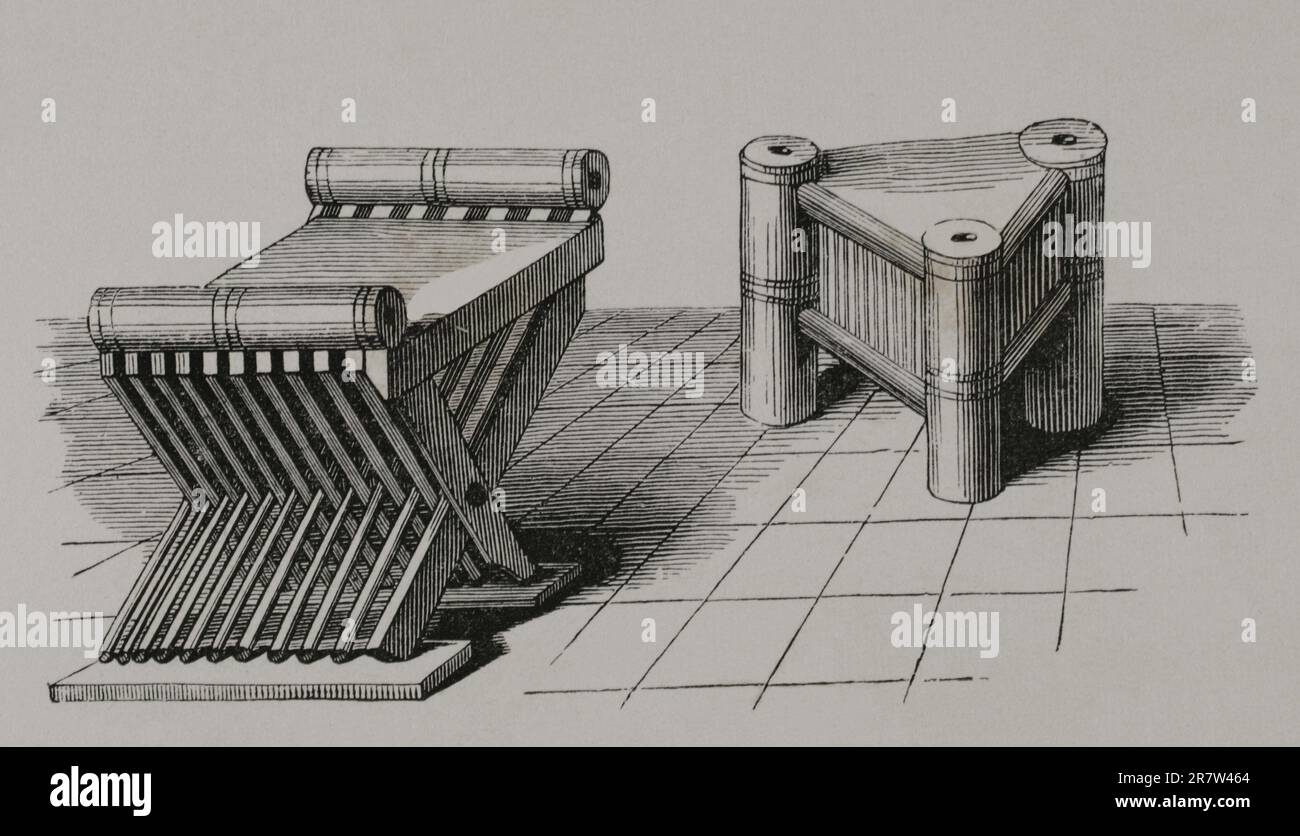 Sedili diversi. Incisione dopo miniature del 14th e del 15th° secolo. 'Les Arts au Moyen Age et a l'Epoque de la Renaissance', di Paul Lacroix. Parigi, 1877. Foto Stock