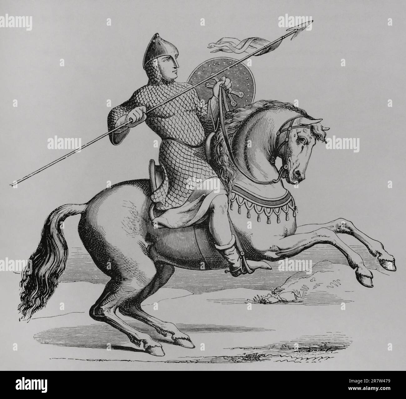 Medioevo. Cavaliere che indossa hauberk. Incisione. 'Les Arts au Moyen Age et a l'Epoque de la Renaissance', di Paul Lacroix. Parigi, 1877. Foto Stock