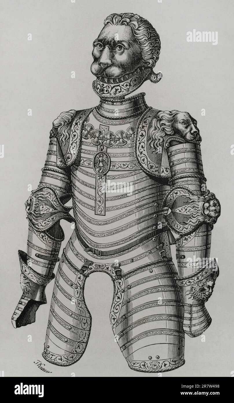 Armour ornato di leoni, presumibilmente quello di re Luigi XII di Francia (1462-1515). Incisione. 'Les Arts au Moyen Age et a l'Epoque de la Renaissance', di Paul Lacroix. Parigi, 1877. Foto Stock