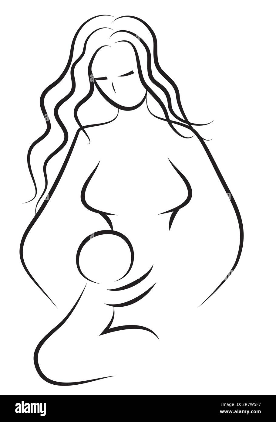 Icona madre e bambino. Donna famiglia bambino vettore. Disegno a linee. Schizzo della silhouette. Illustrazione Vettoriale