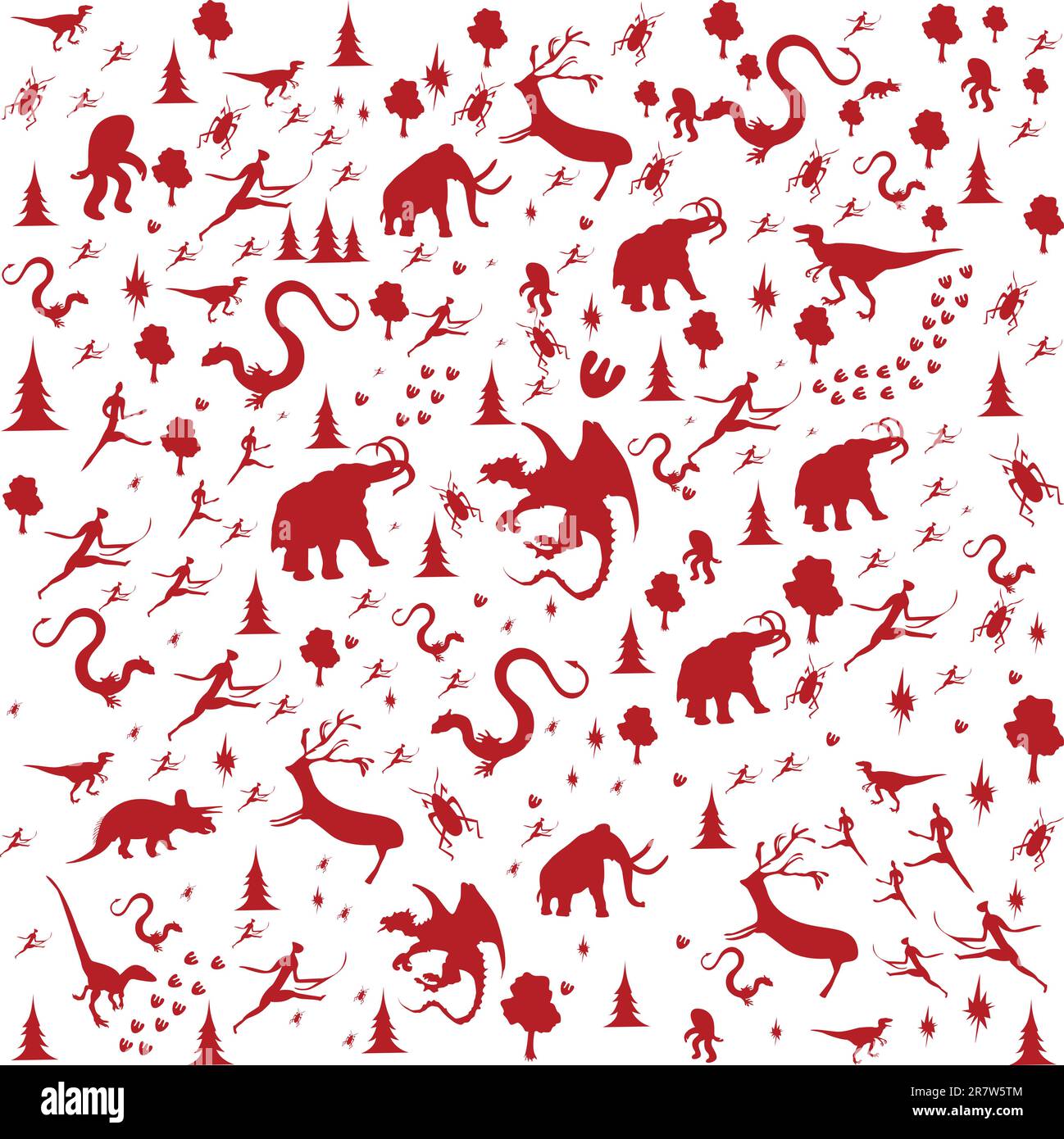 Sfondo senza cuciture con era preistorica, animali di colore rosso Illustrazione Vettoriale