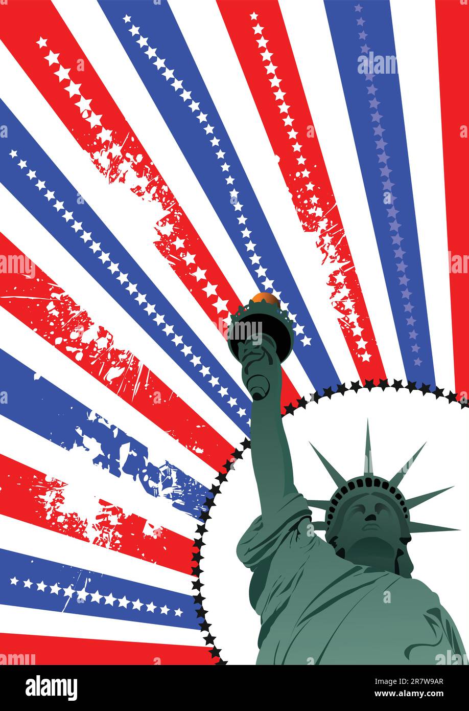 Coperchio per brochure con USA immagine, bandiera americana e il monumento alla libertà Illustrazione Vettoriale