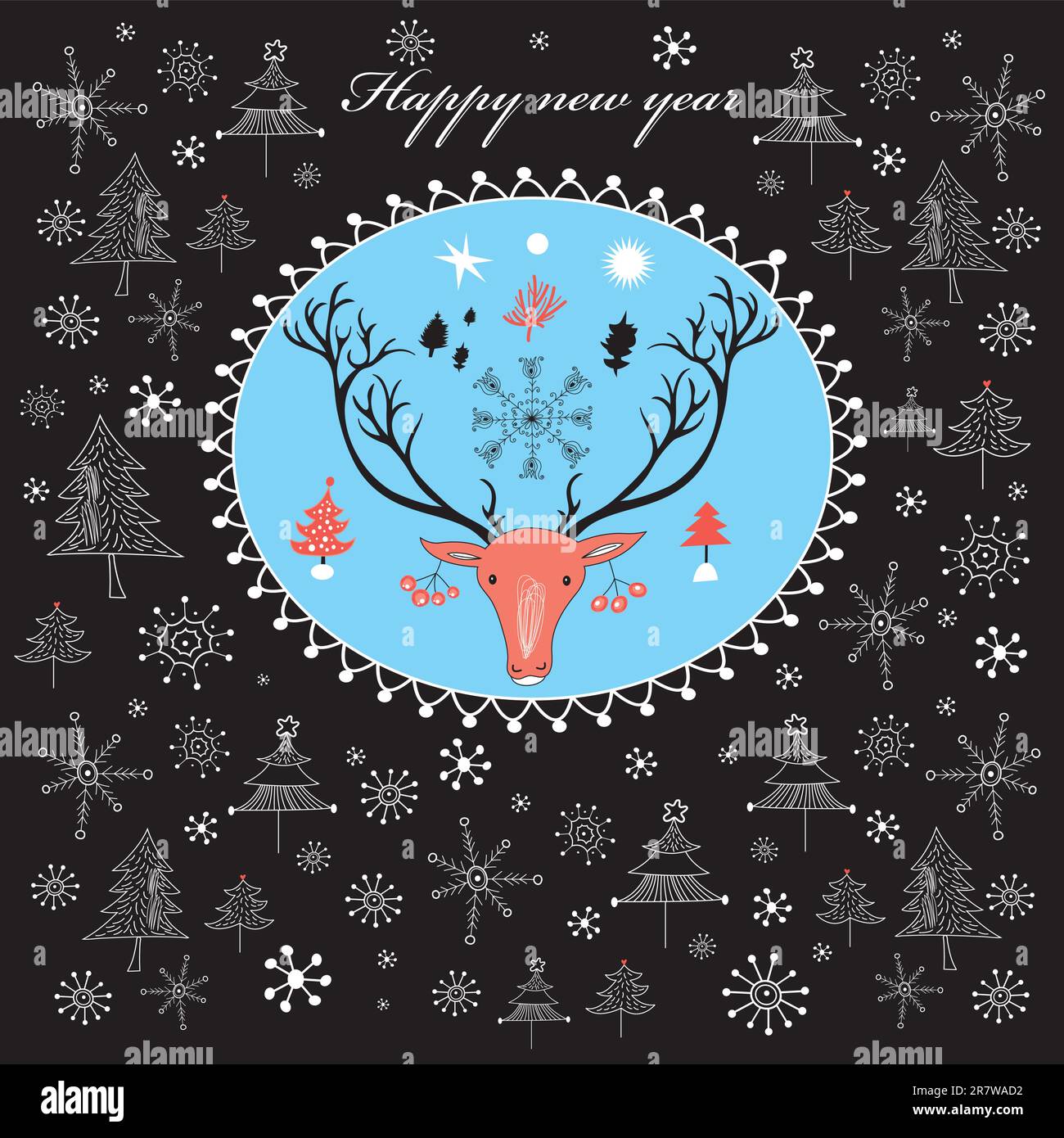 Luminoso biglietto d'auguri di Natale con un ritratto di un cervo rosso su sfondo nero con fiocchi di neve bianchi Illustrazione Vettoriale