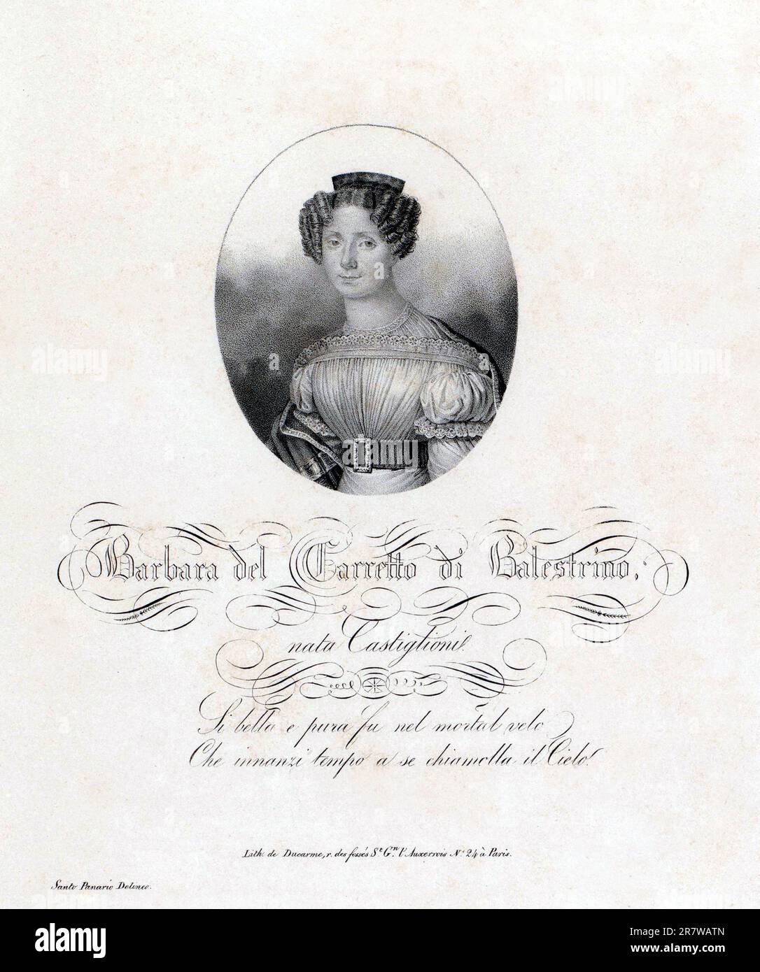 1823 ca, ITALIA : Ritratto della Marchesa BARBARA DEL CARRETTO DI BALESTRINO ( Milano , Impero austriaco , 1796 - Torino , 1823 ) nato dei conti CASTIGLIONI . Figlia del conte Alfonso Gaetano Castiglioni di Garlasco ( 1756 - 1834 ) e di Eleonora Crivelli dei conti di Nerviano ( 1762 - 1840 ). Barbara si sposò nel 1813 con il marchese DOMENICO DONATO DEL CARRETTO DI BALESTRINO Conte di Garlenda , Paravenna e Cisano ( 1786 - 1869 ). La coppia ebbe 3 figli: Gian Enrico ( 1815 - 1874 ), Vittorio Maria ( 1817 - 1893 ) e Barbara ( 1822 - 1862 , sposò Bianco ). Ritratto inciso da Carlo Panar Foto Stock