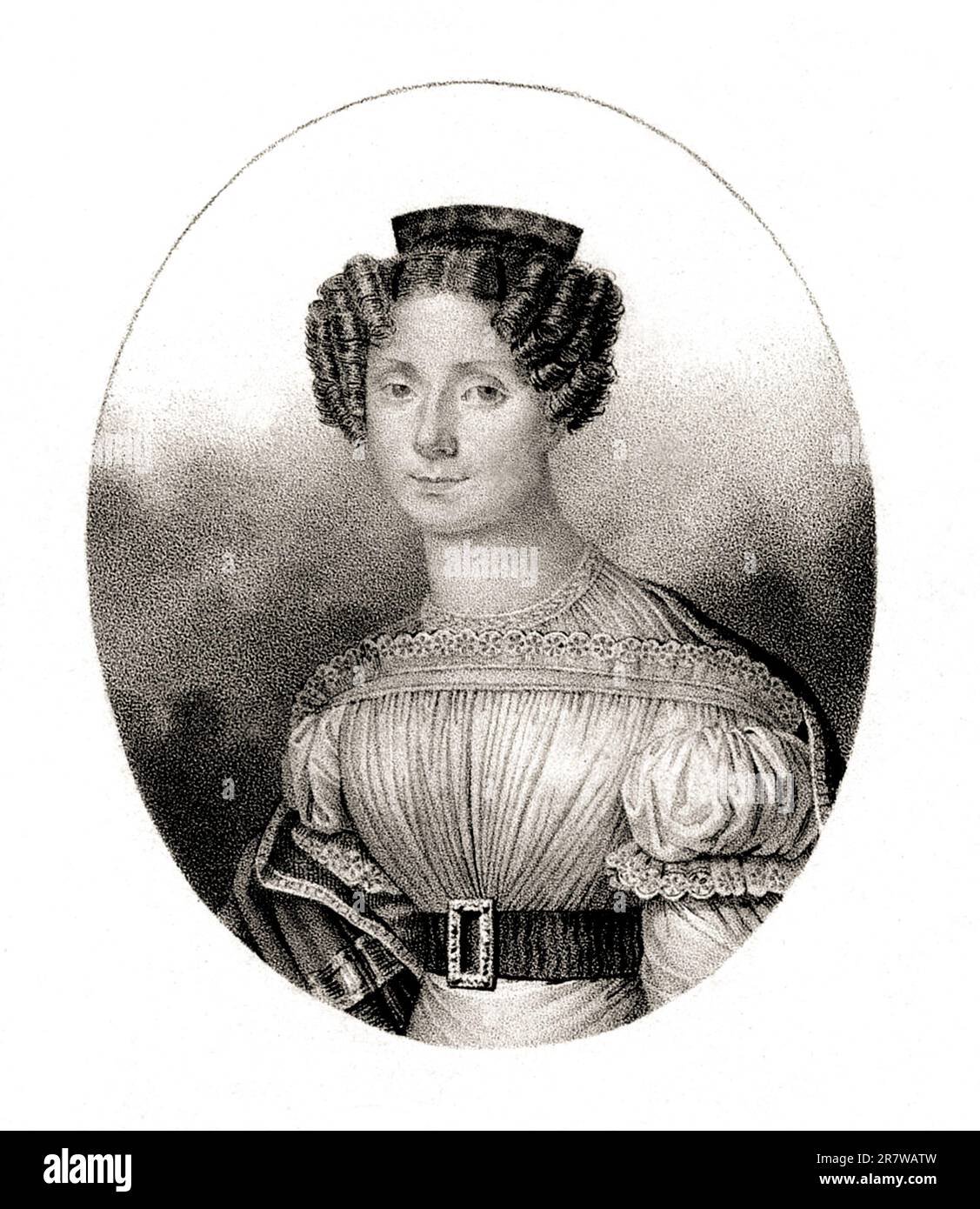 1823 ca, ITALIA : Ritratto della Marchesa BARBARA DEL CARRETTO DI BALESTRINO ( Milano , Impero austriaco , 1796 - Torino , 1823 ) nato dei conti CASTIGLIONI . Figlia del conte Alfonso Gaetano Castiglioni di Garlasco ( 1756 - 1834 ) e di Eleonora Crivelli dei conti di Nerviano ( 1762 - 1840 ). Barbara si sposò nel 1813 con il marchese DOMENICO DONATO DEL CARRETTO DI BALESTRINO Conte di Garlenda , Paravenna e Cisano ( 1786 - 1869 ). La coppia ebbe 3 figli: Gian Enrico ( 1815 - 1874 ), Vittorio Maria ( 1817 - 1893 ) e Barbara ( 1822 - 1862 , sposò Bianco ). Ritratto inciso da Carlo Panar Foto Stock