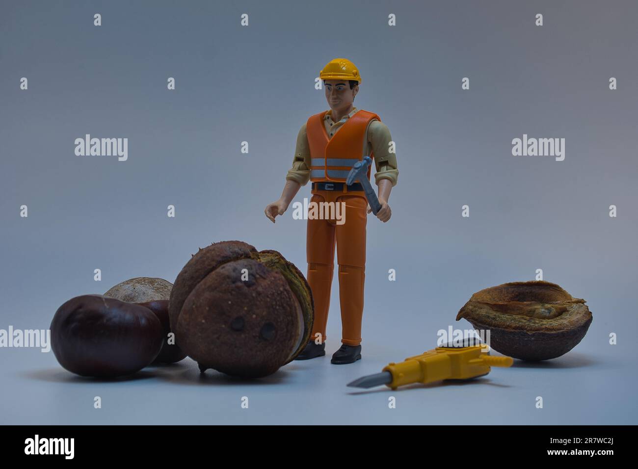 Una figura di azione tiene un nutcracker con una serie di dadi intorno a loro su uno sfondo bianco Foto Stock