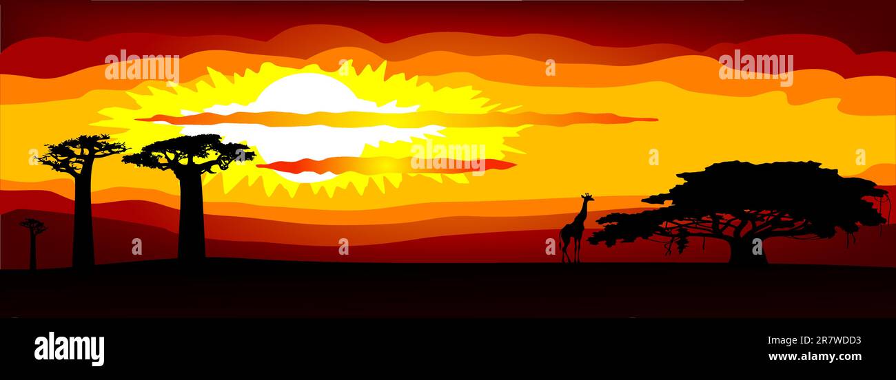 Illustrazione astratta del tramonto in Africa - vettore. Questo file è vettoriale, può essere scalato a qualsiasi dimensione senza perdita di qualità. Illustrazione Vettoriale