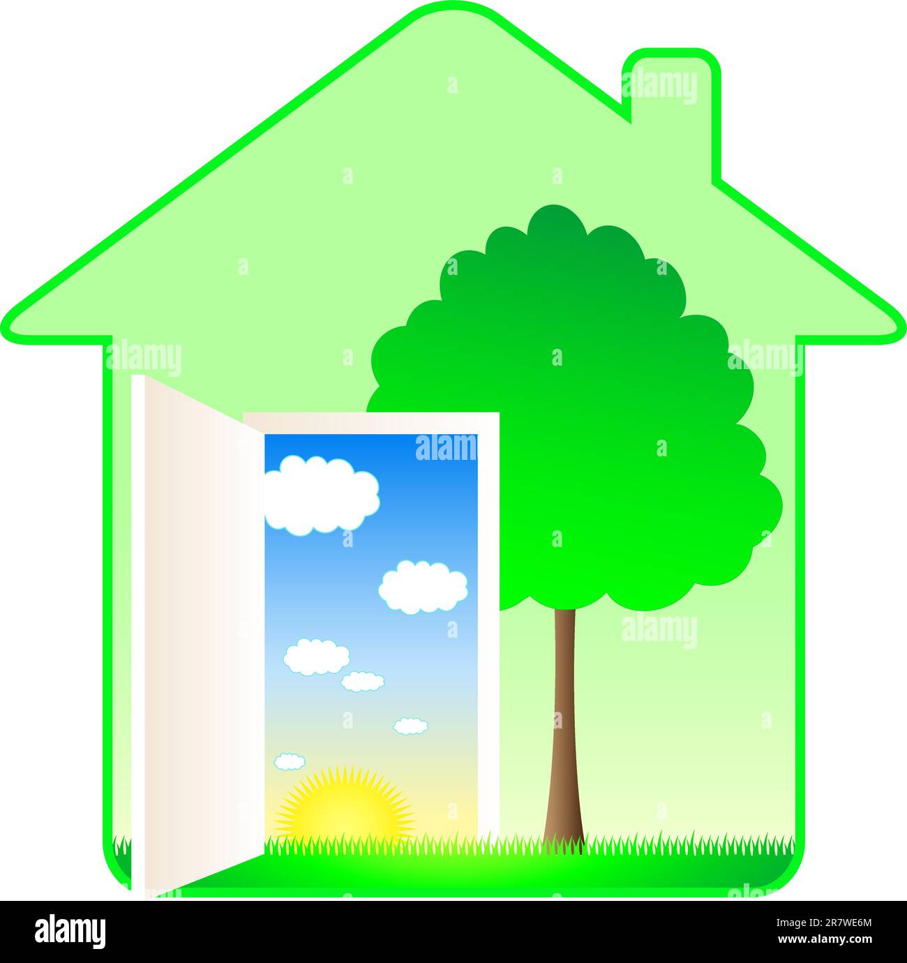 bella casa ecologica moderna con alberi e paesaggio estivo Illustrazione Vettoriale