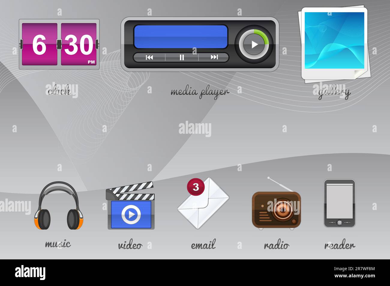 Gadget e icone per tablet, telefono cellulare o lettore. Illustrazione Vettoriale