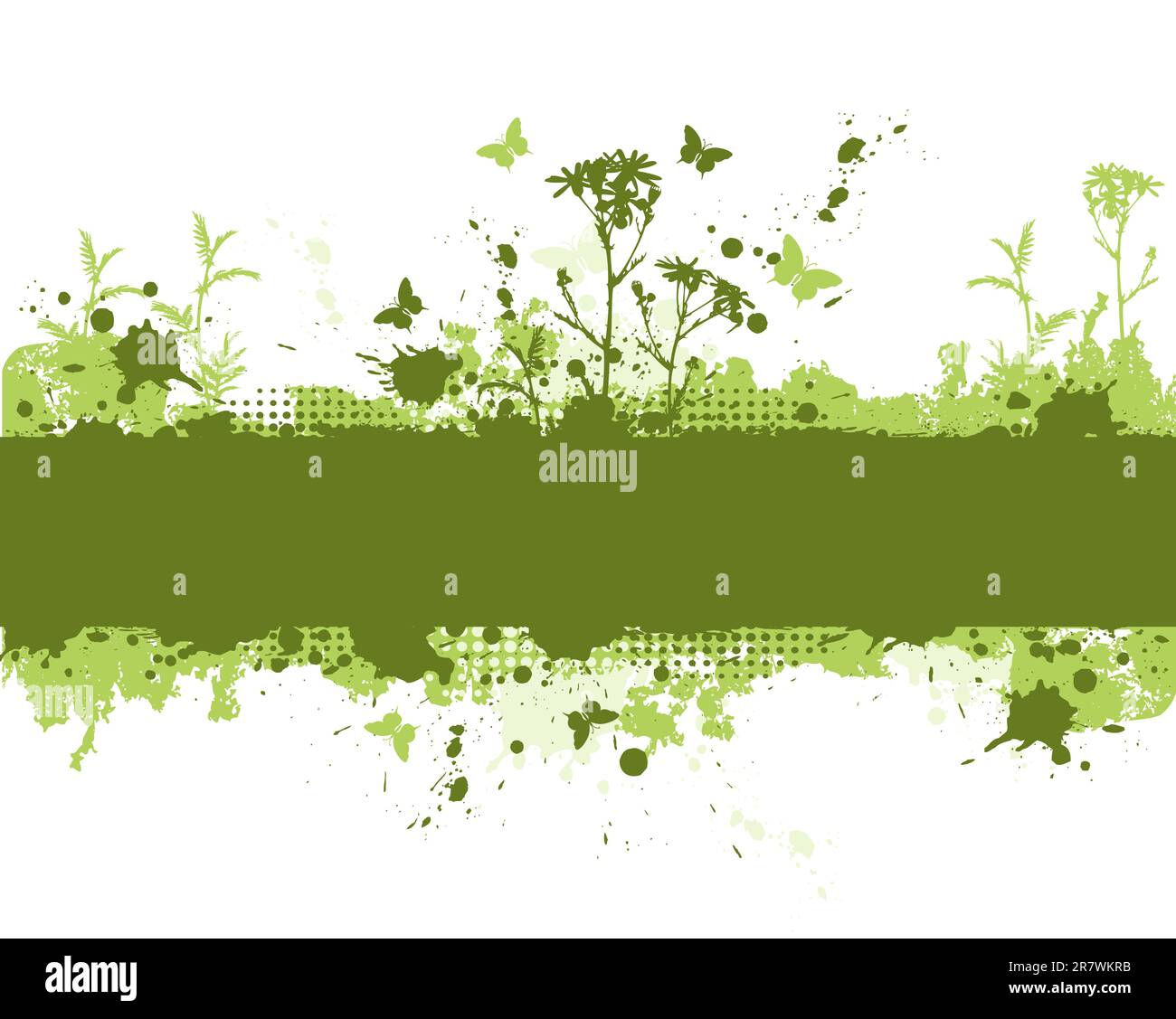 Green Grunge sfondo con fiori e farfalle Illustrazione Vettoriale