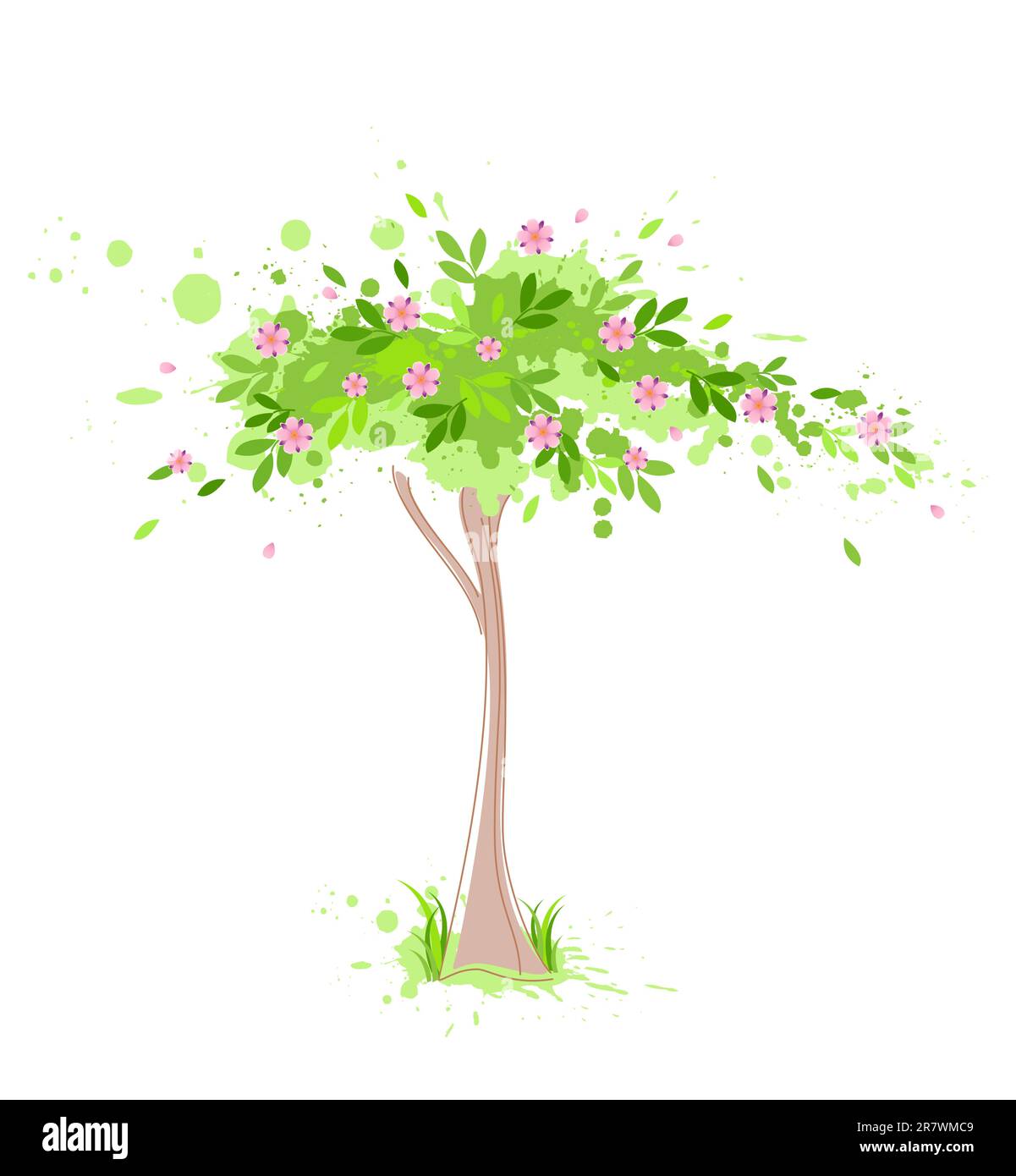 albero di primavera verde vettoriale con fiori rosa Illustrazione Vettoriale