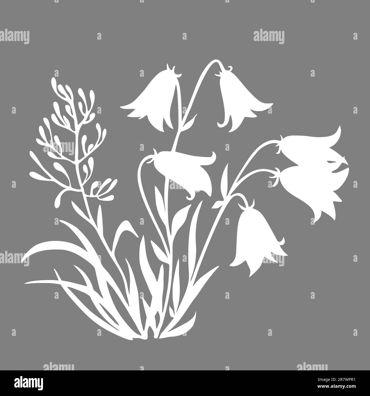 disegno grafico bianco di contorno di un bouquet di fiori su sfondo grigio, disegno Foto Stock