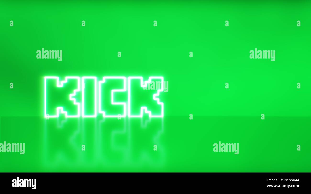 Logo Kick in neon con spazio per testo e grafica su sfondo verde. Foto Stock