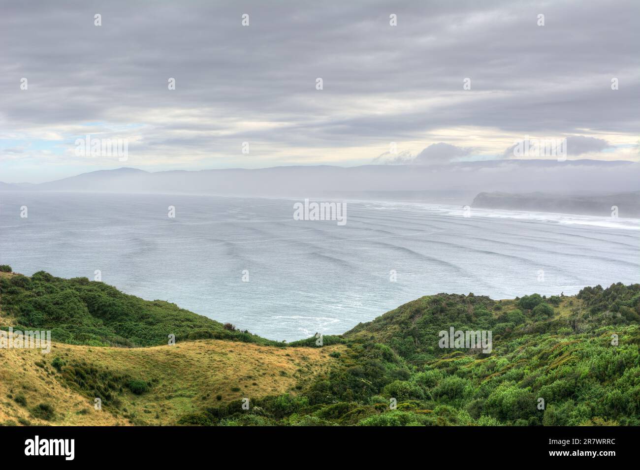 Splendido paesaggio marino caratterizzato da scogliere costiere ricoperte di vegetazione e vista sull'oceano sull'isola di Chiloe in Cile Foto Stock