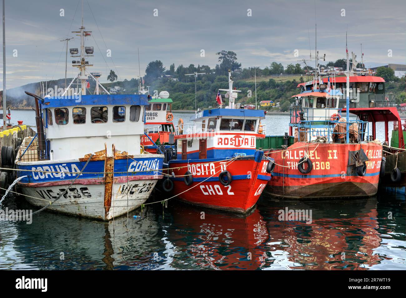Barche da pesca e a vela ormeggiate al largo della costa dell'isola di Chiloe in Cile Foto Stock