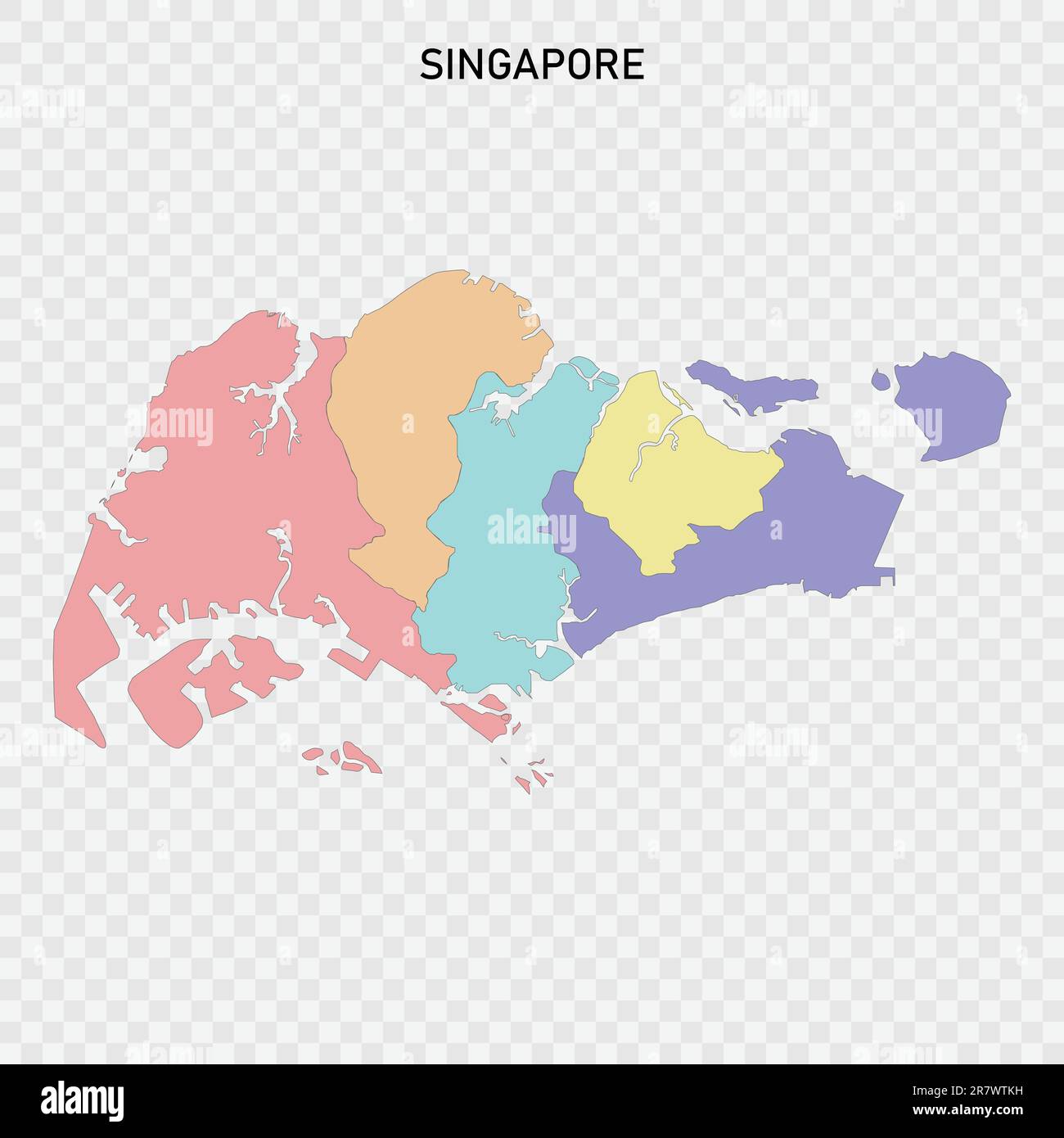 Mappa colorata isolata di Singapore con confini delle regioni Illustrazione Vettoriale