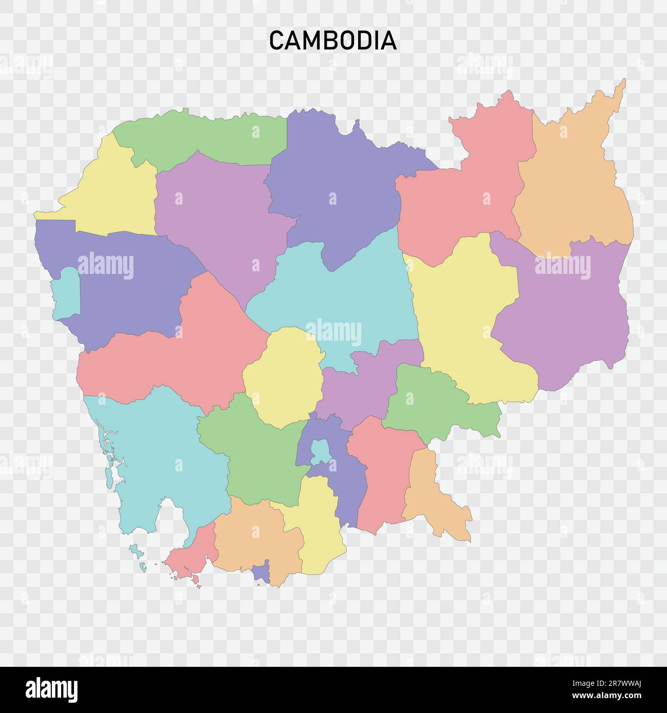 Mappa colorata isolata della Cambogia con i confini delle regioni Illustrazione Vettoriale