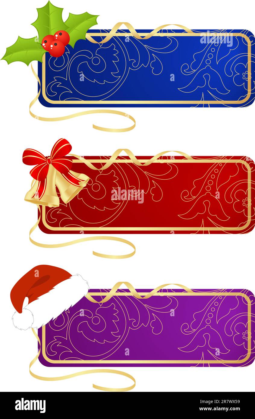 Set di etichette per festeggiamenti, decorazioni natalizie e di Capodanno. Illustrazione vettoriale, isolata su un bianco. Illustrazione Vettoriale