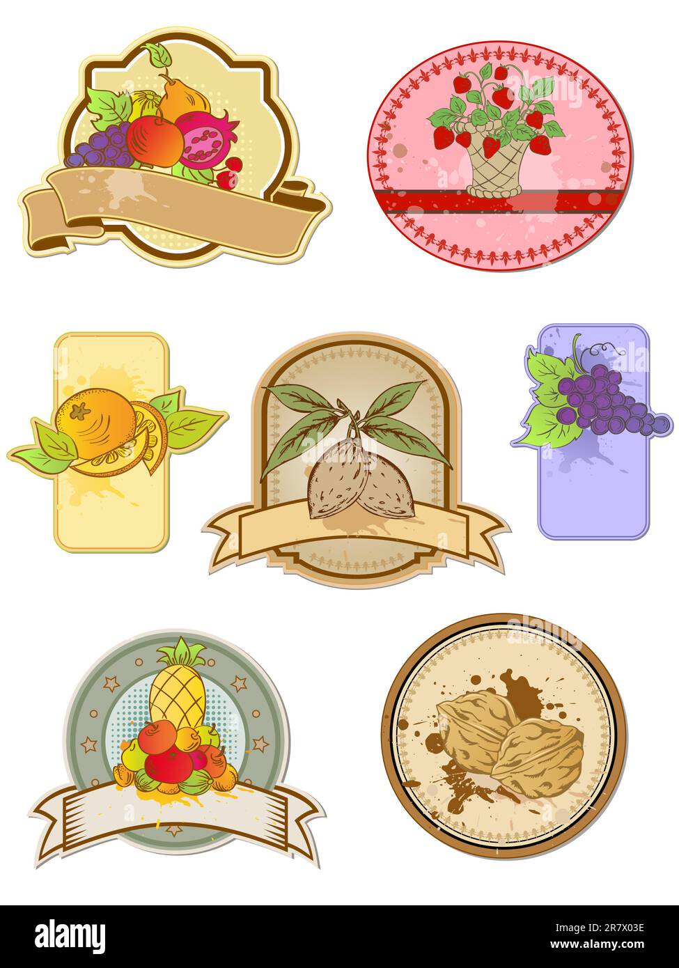 Set di etichette vintage con frutta e noci Illustrazione Vettoriale