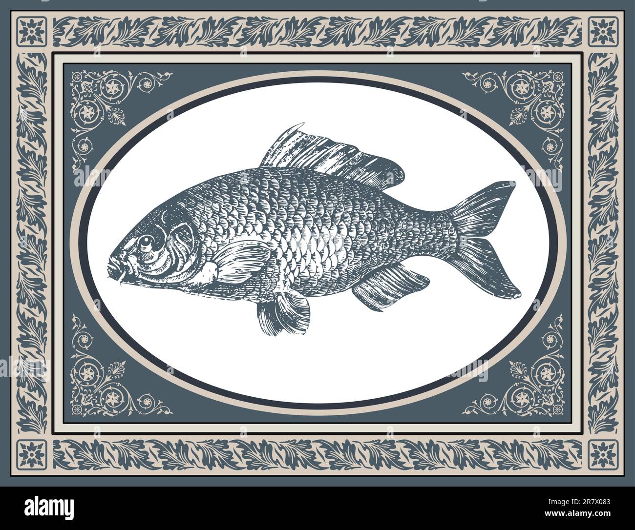 Illustrazione vettoriale della carpa di pesce, grafica antica e cornice stilizzata con ornamenti angolari Illustrazione Vettoriale