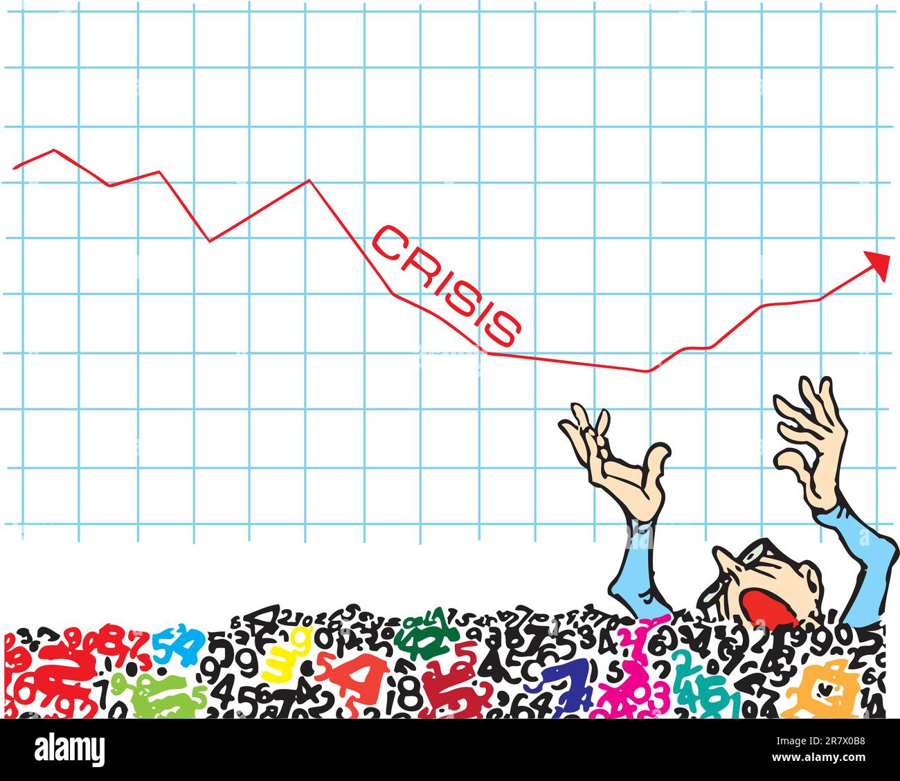 La situazione di crisi, un uomo d'affari annegato in un oceano di numeri. Illustrazione vettoriale. Illustrazione Vettoriale