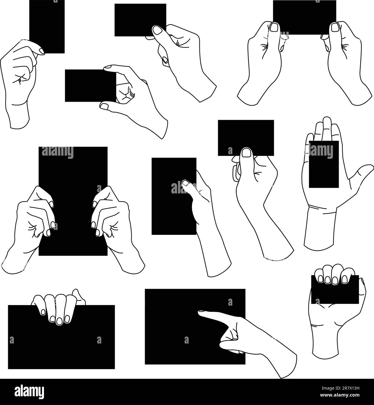 Un set di mani umane che tengono la carta. Illustrazione Vettoriale