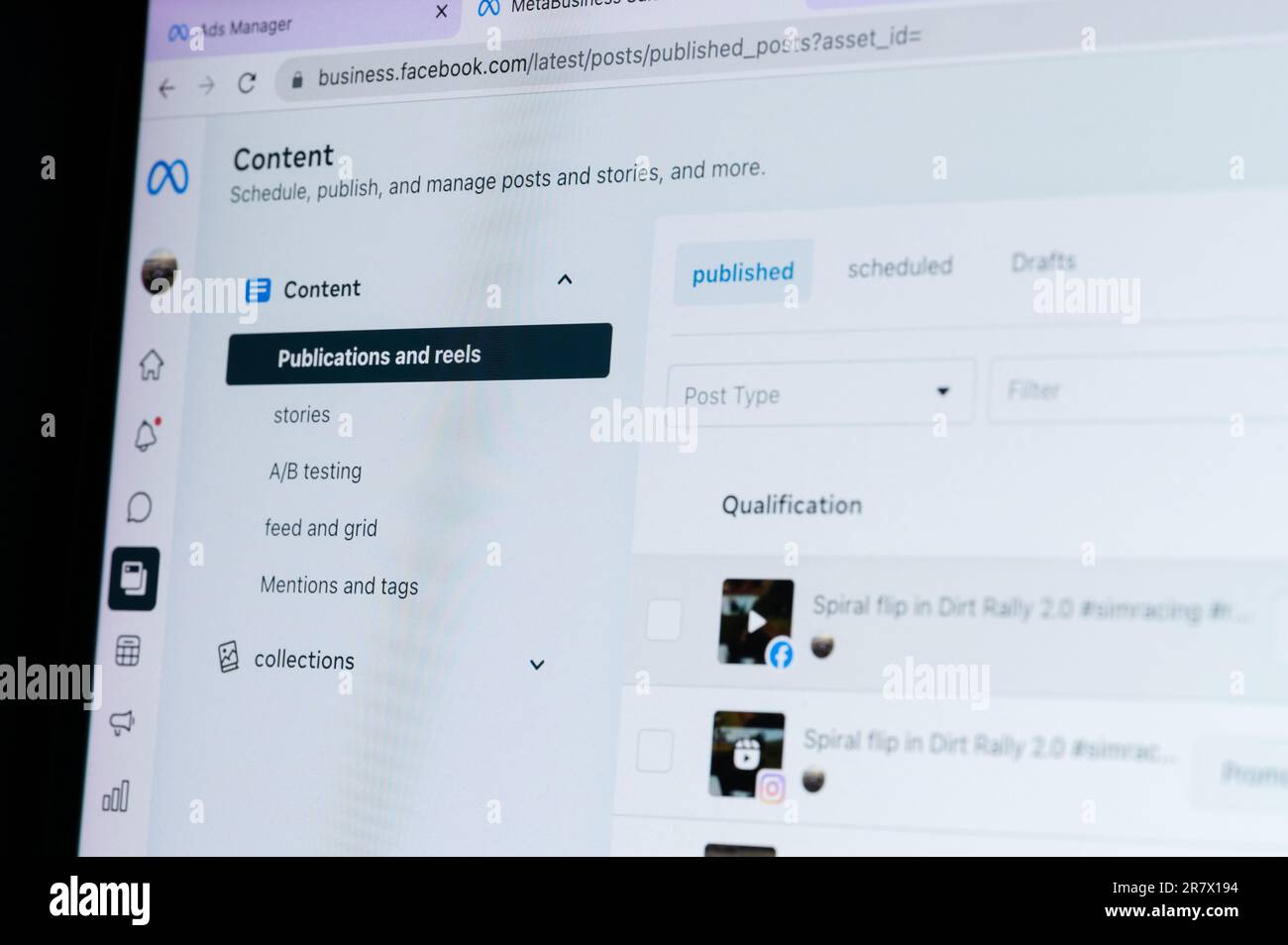 New York, USA - 17 giugno 2023: Content manager in Meta business menu primo piano sullo schermo del portatile Foto Stock