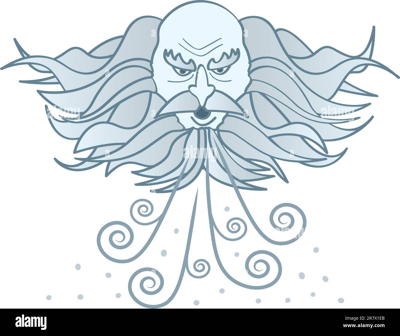 Un'immagine a cartoni animati di un vecchio uomo nuvoloso che soffia vento freddo e neve. Illustrazione Vettoriale