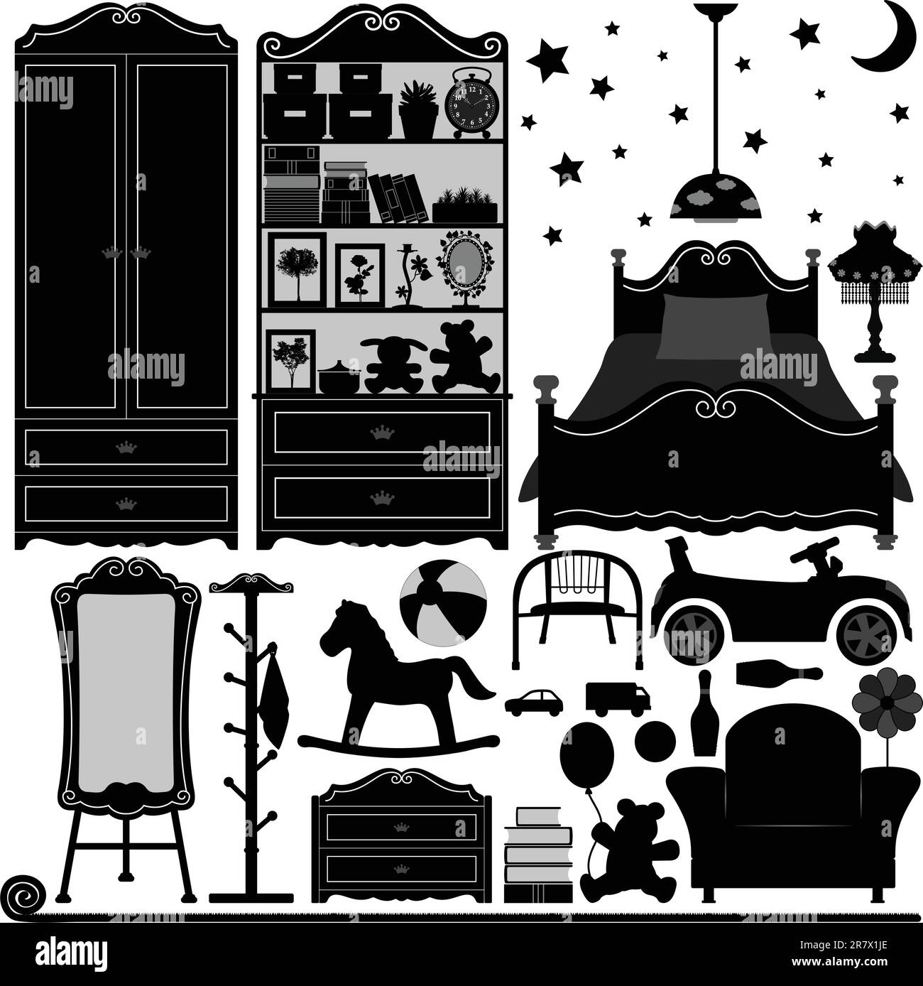 Un set di interni per la camera da letto per bambini. Illustrazione Vettoriale