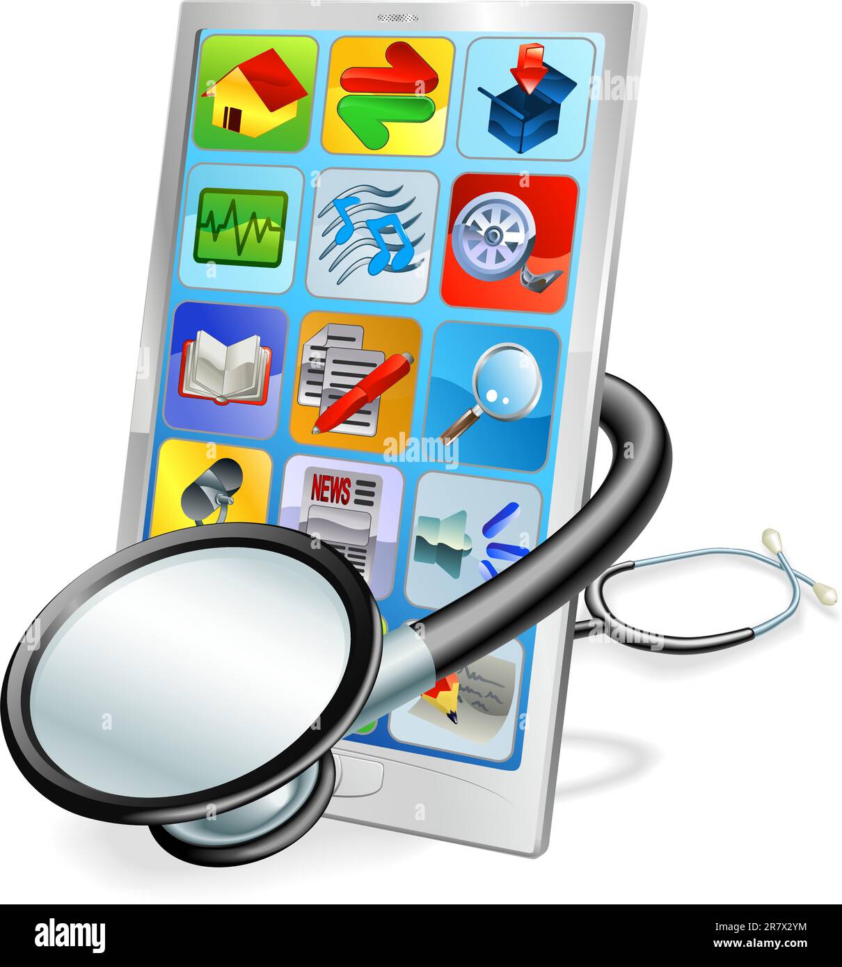 Un telefono cellulare o un tablet pc con uno stetoscopio avvolto attorno ad esso. Health check concept Illustrazione Vettoriale