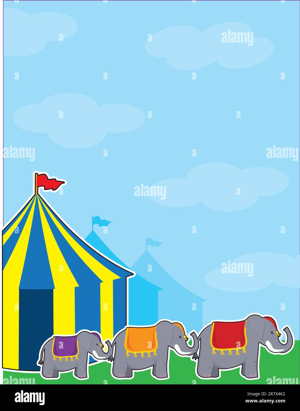 Uno sfondo con un big sky, colorato circus tende e tre elefanti. Illustrazione Vettoriale