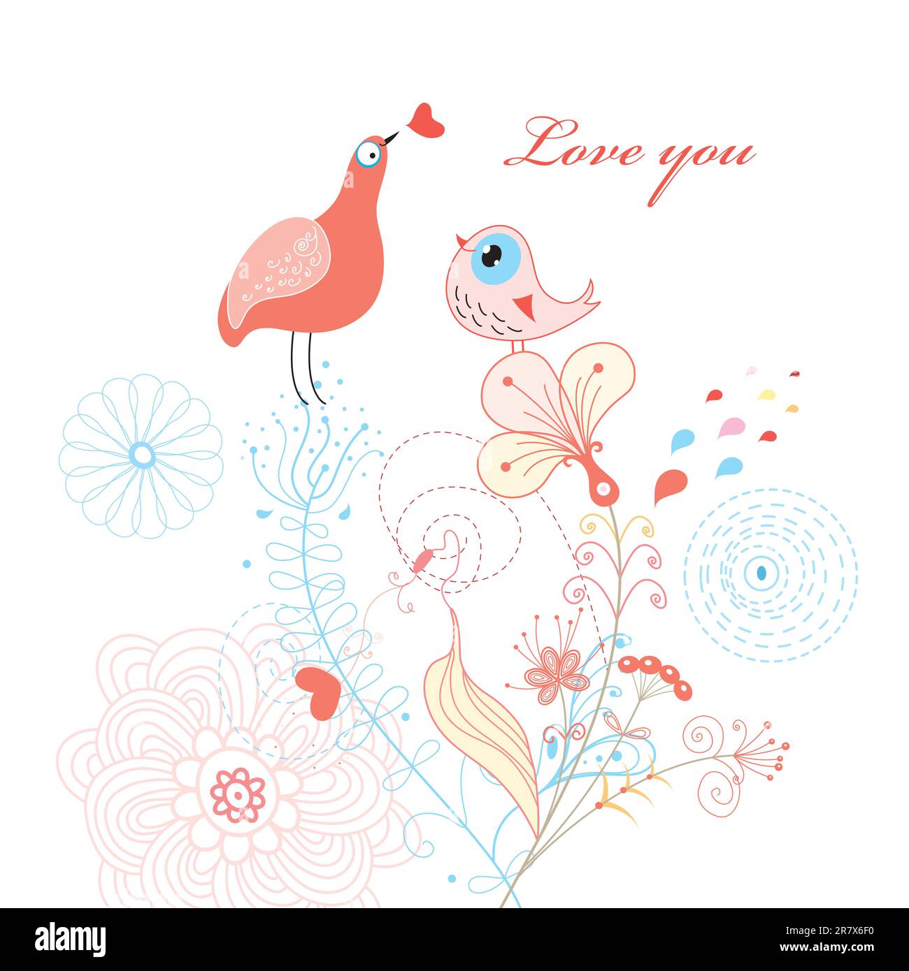 amanti degli uccelli brillanti su fiori colorati su sfondo bianco Illustrazione Vettoriale