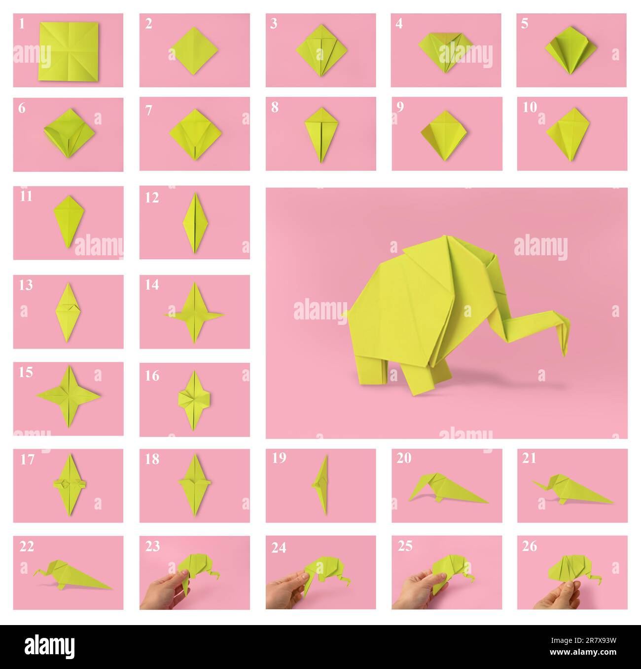 Origami art. Fare elefante di carta gialla passo dopo passo, collage  fotografico su sfondo rosa Foto stock - Alamy