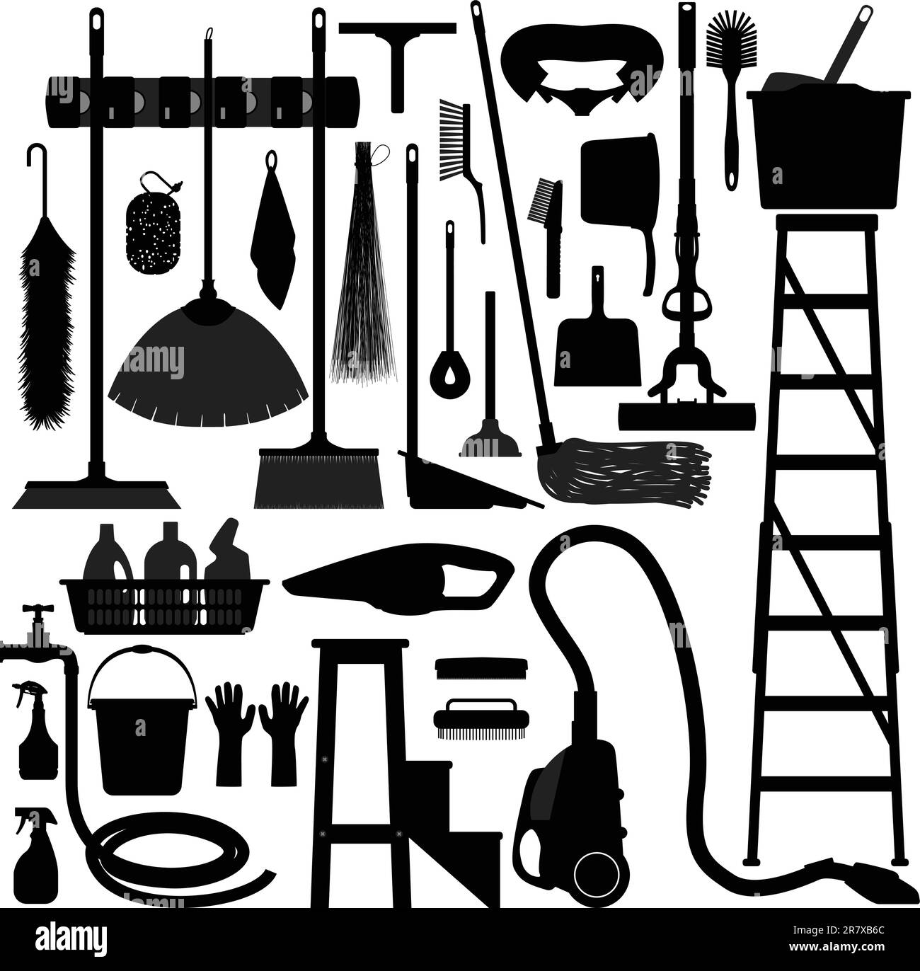 Un set di attrezzature per la pulizia e il lavaggio della casa. Illustrazione Vettoriale
