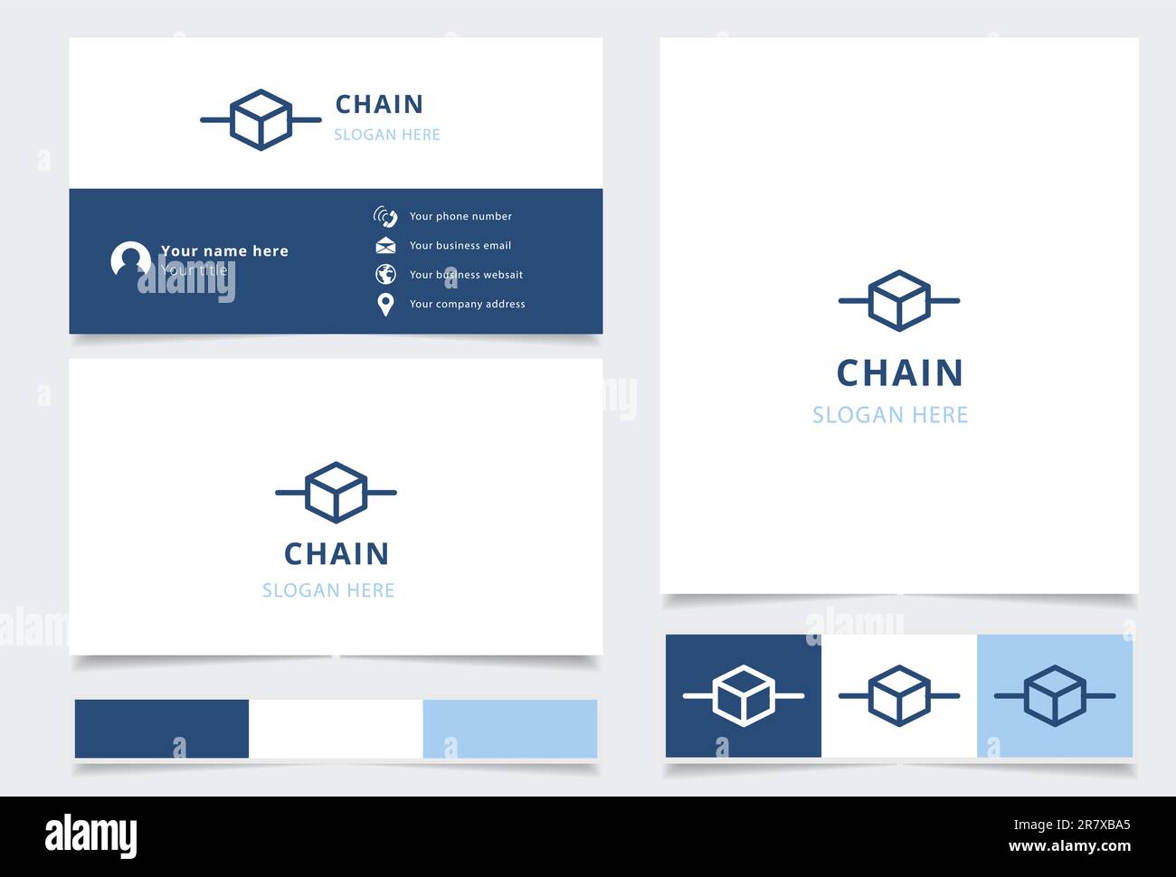 Logo a catena con slogan modificabile. Libro di branding e modello di biglietto da visita. Illustrazione Vettoriale