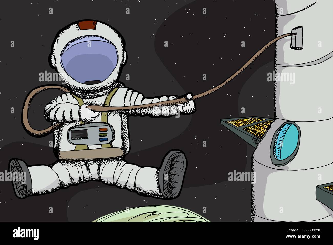 Astronauta attaccata alla stazione di spazio al di sopra di un pianeta Illustrazione Vettoriale