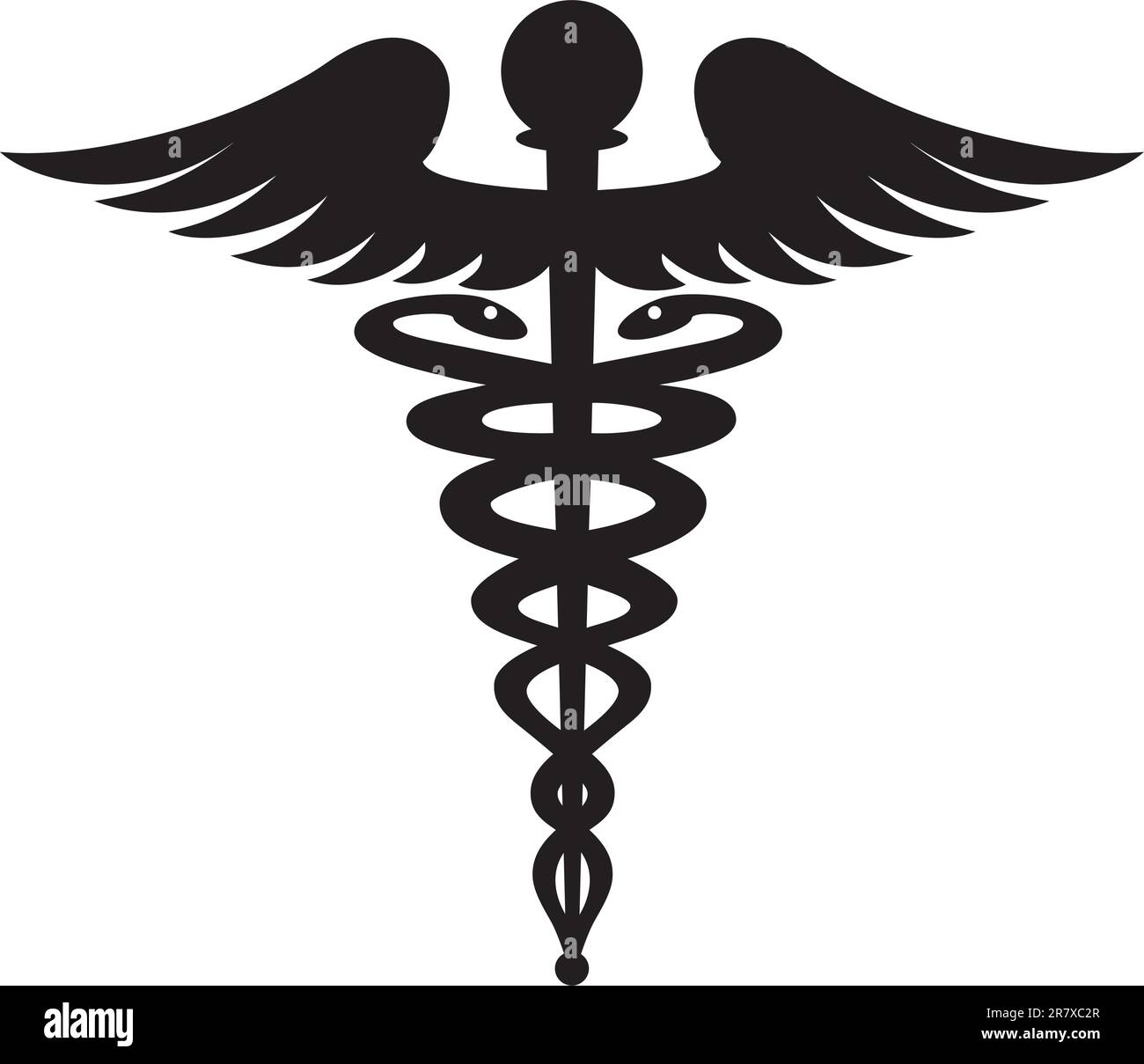 Simbolo del caduceo nero isolato su bianco. Illustrazione Vettoriale