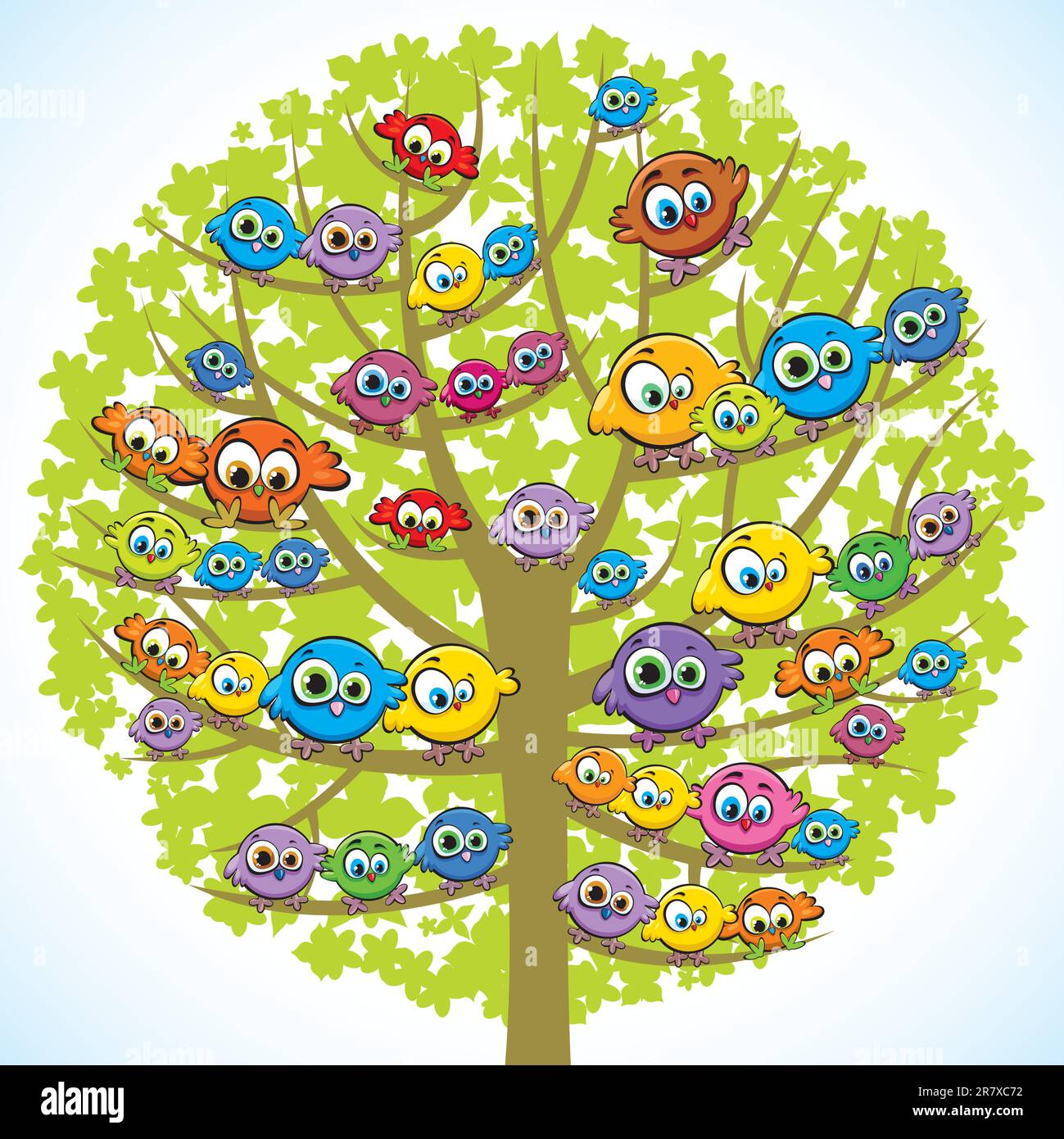 Gruppo di uccelli colorati e divertenti seduti su un albero verde Illustrazione Vettoriale
