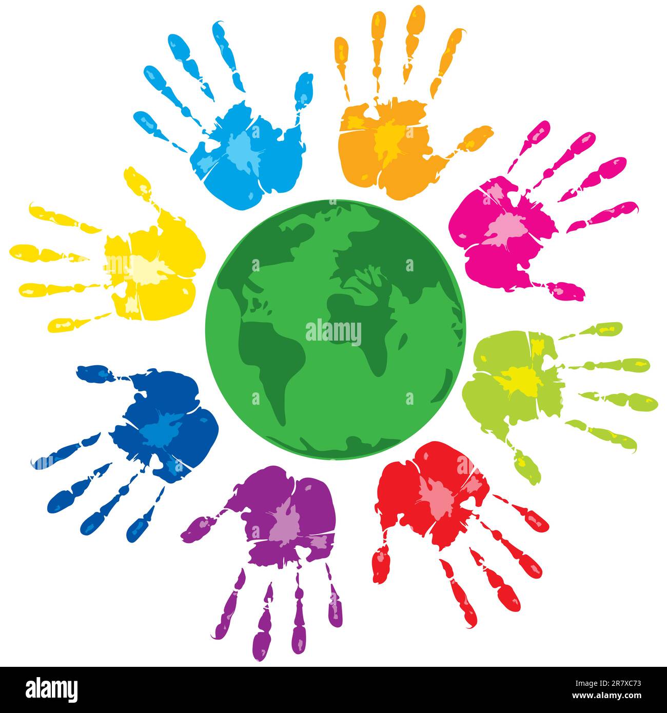 Vettore con un gruppo di mani umane colorate e pianeta verde su sfondo bianco Illustrazione Vettoriale