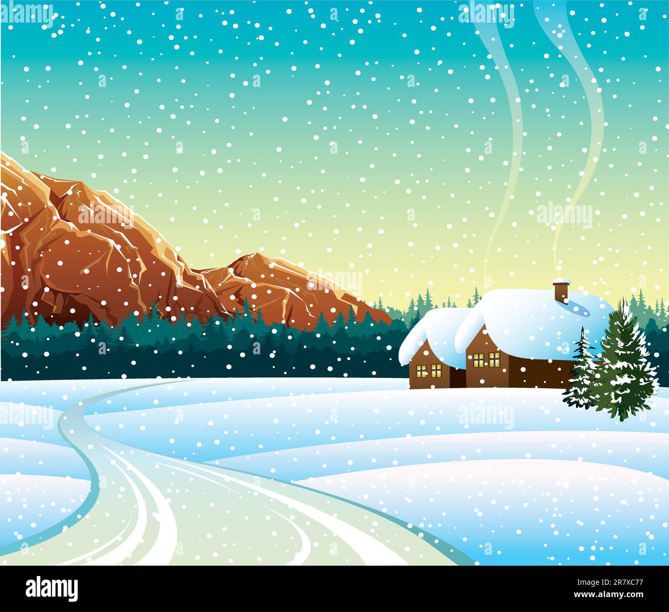Paesaggio invernale vettoriale con casa, strada e montagne Illustrazione Vettoriale