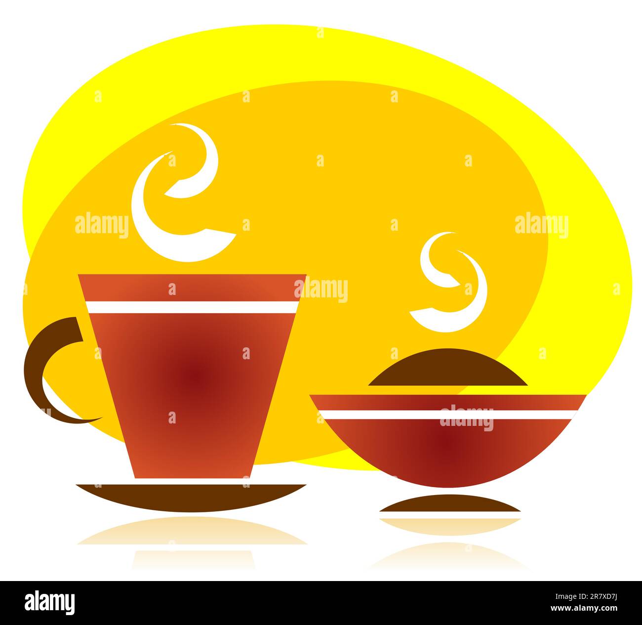 Tazza da tè stilizzata e sagome per piatti caldi su sfondo giallo. Illustrazione Vettoriale